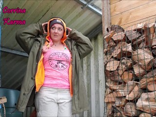 Corrina Karma nearly Caught tugging at work in the log shed!