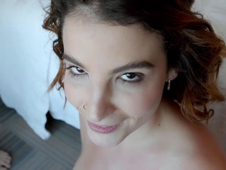 Big tit brunette sucks a big cock POV
