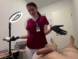 Russian MILF gives her client nice blow and handjobs after lasering his balls