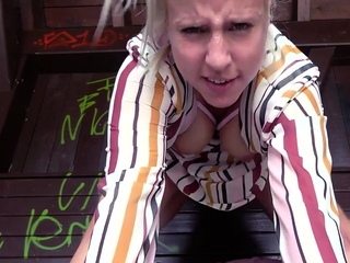 Horny blonde MILF pussydrilled in public