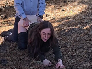 Nerdy teen gets pumped in the middle of the woods